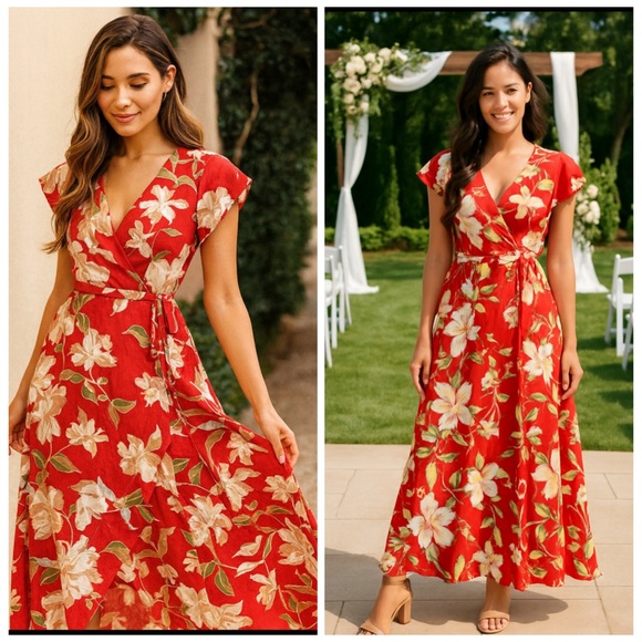 Lulus Dresses & Skirts - Lulus Coral Tropical Floral Short Sleeve Wrap Maxi Dress M
